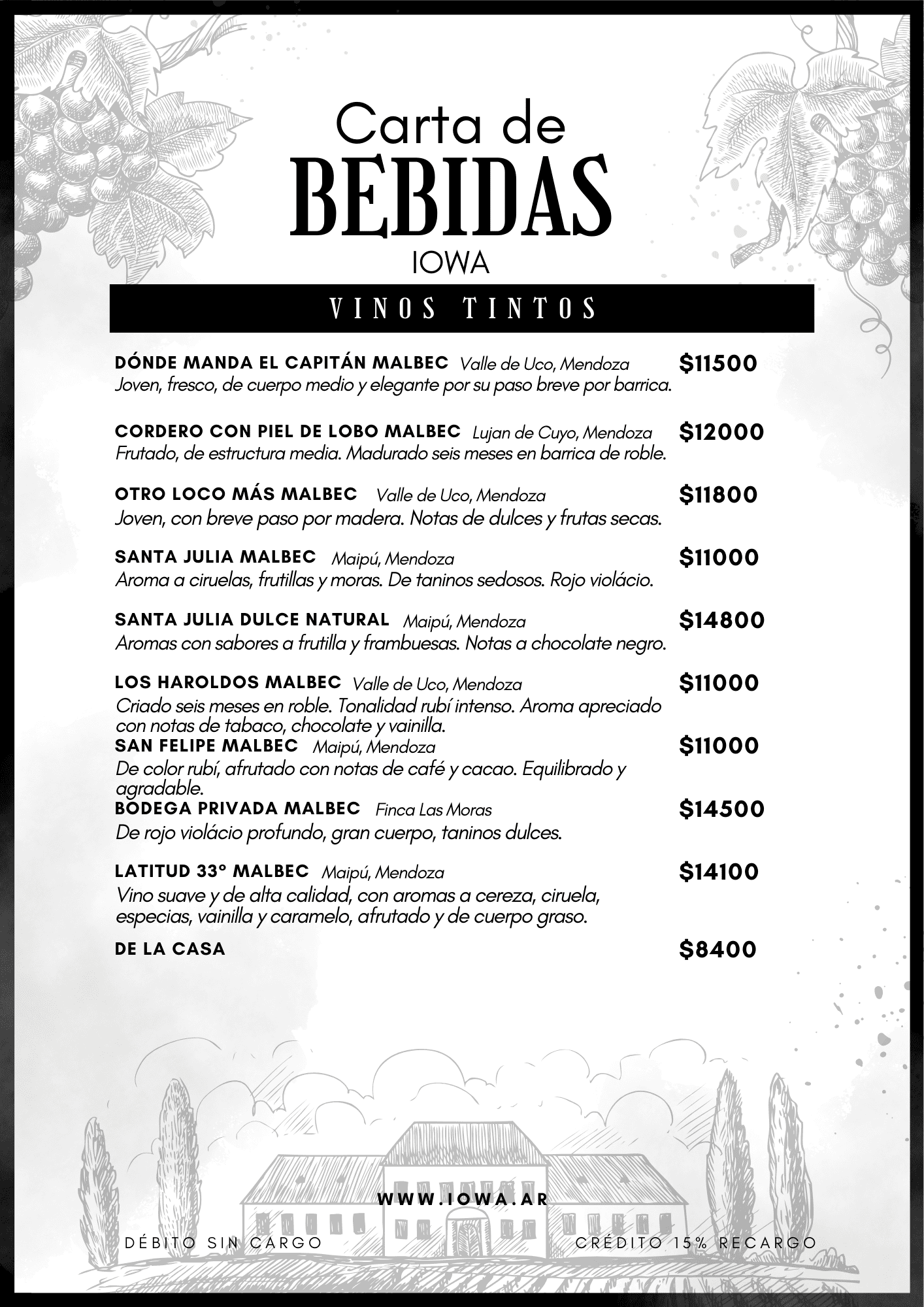 Carta de Bebidas - Vinos Tintos