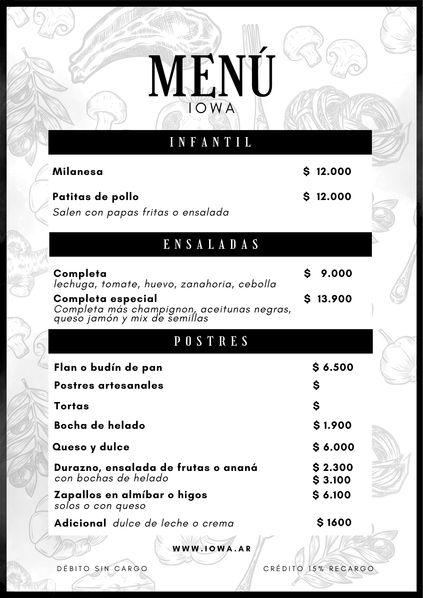 Menú - Infantil, Ensaladas y Postres